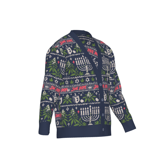 Get Lit Hanukkah cardigan original left three-quarter reference, with navy trim and knitted holiday motifs.