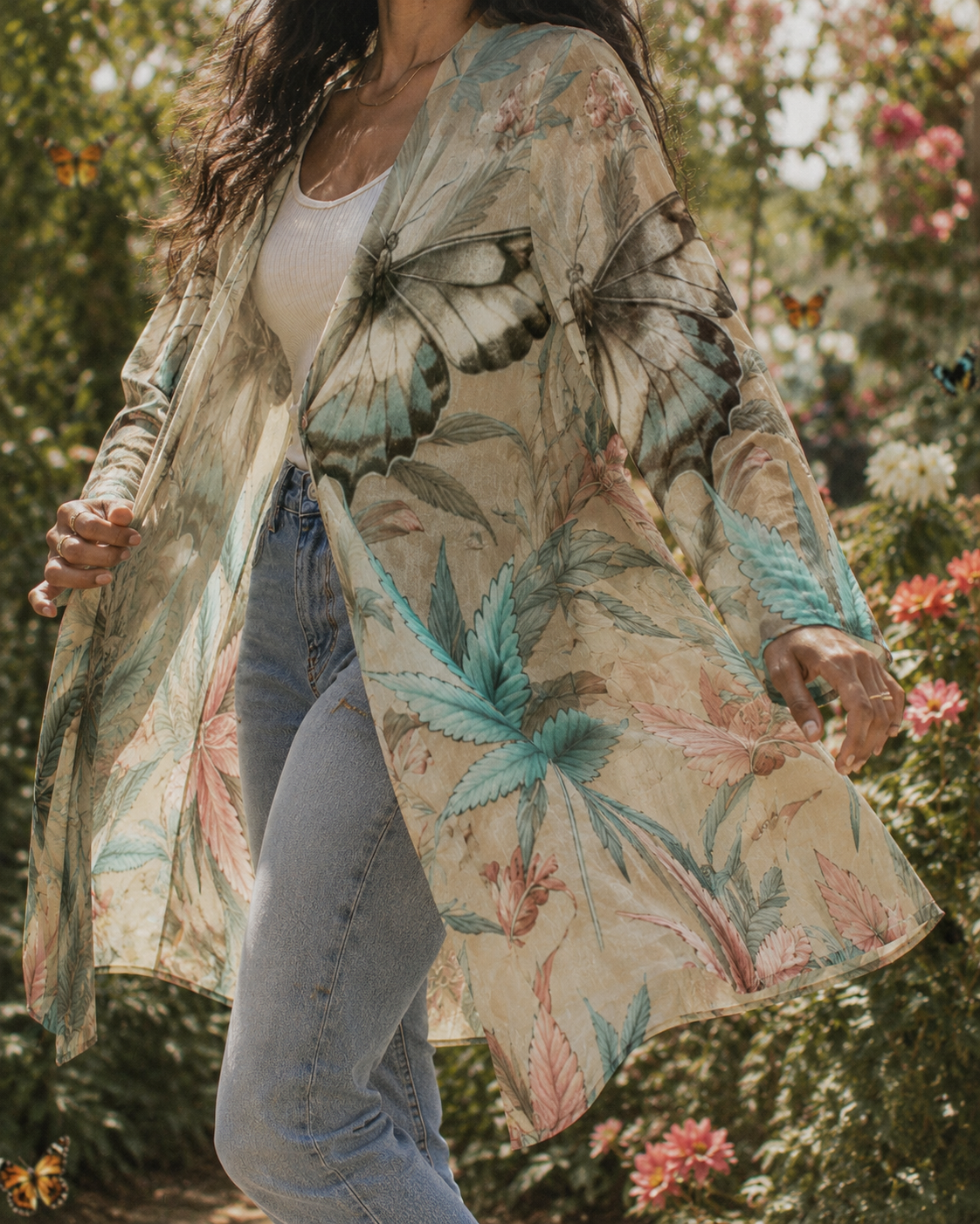 All-over print mid-length cardigan, full length view on model outdoors