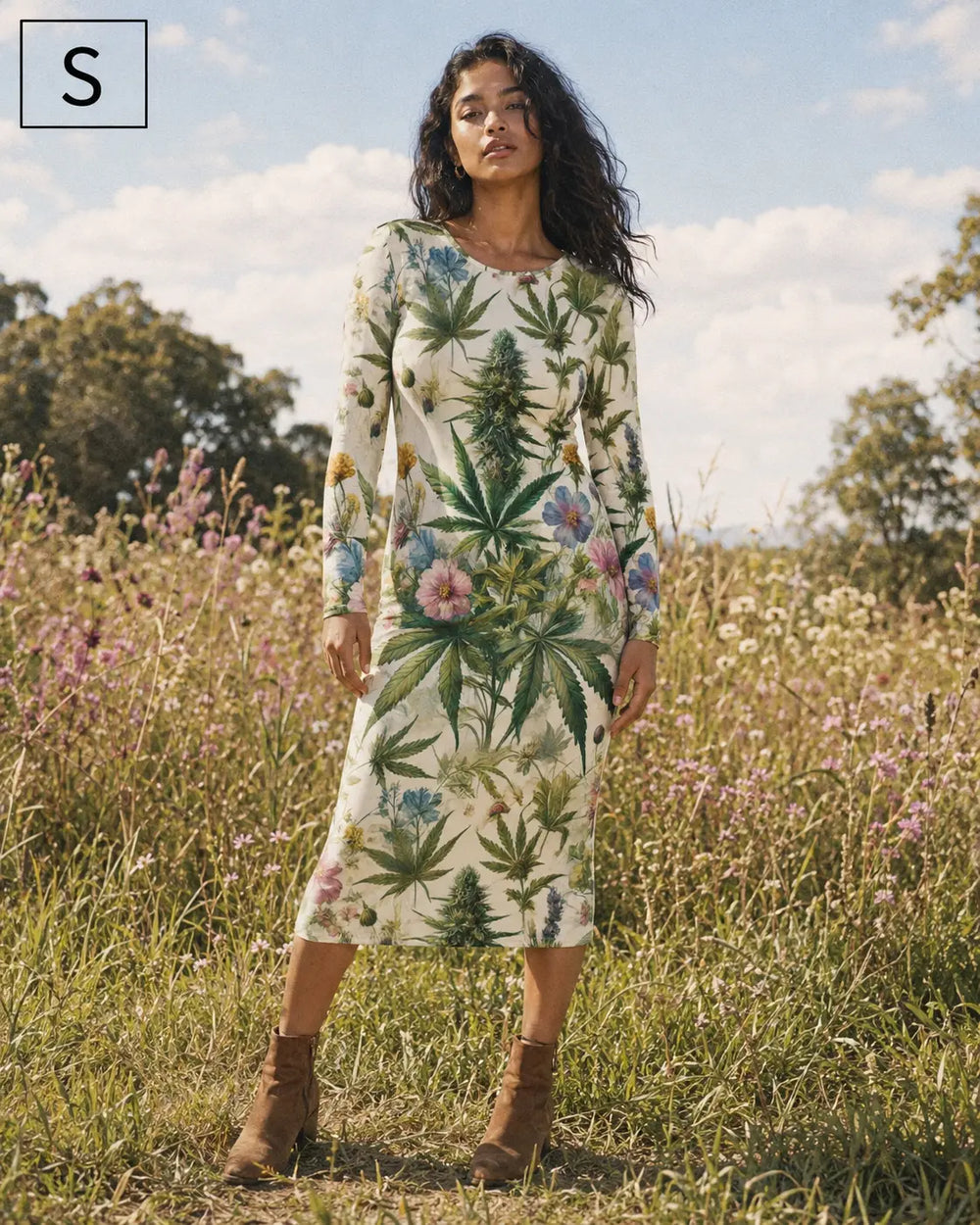 Vestido bodycon de manga larga con estampado de jardín de hierbas
