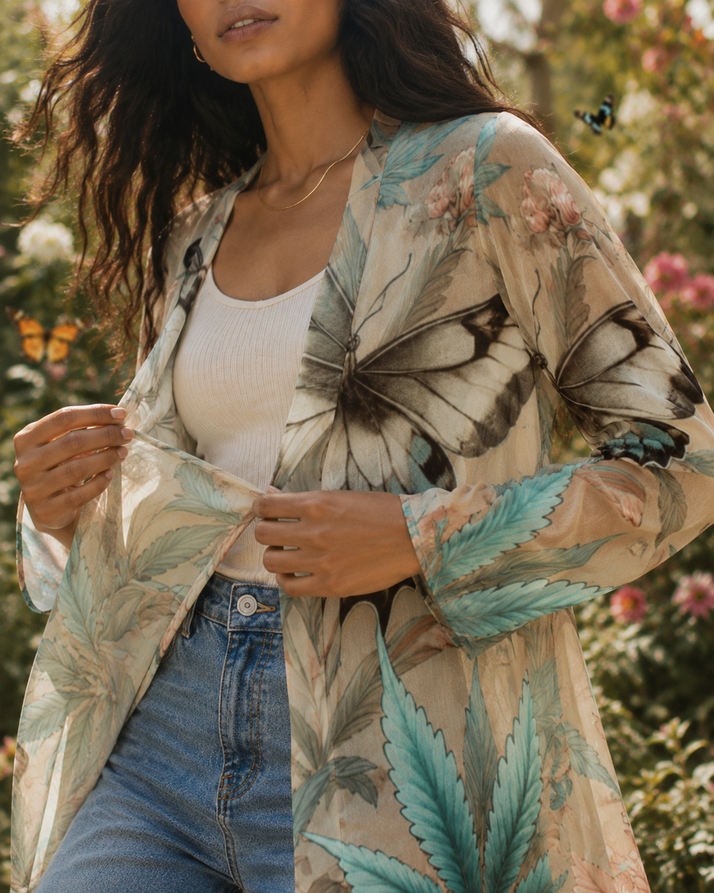 All-over print mid-length cardigan, walking shot on model