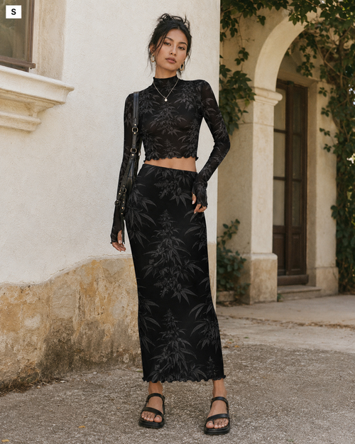 Black Widow Mesh High Neck crop top and Skirt Set Yoycol