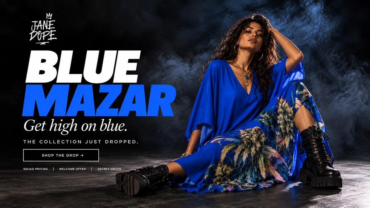 A fashion promotional image featuring a seated woman in a flowing blue dress with a multicolor tropical print, posed against a dark smoky background. Large text on the left reads 'BLUE MAZAR' and 'Get high on blue.