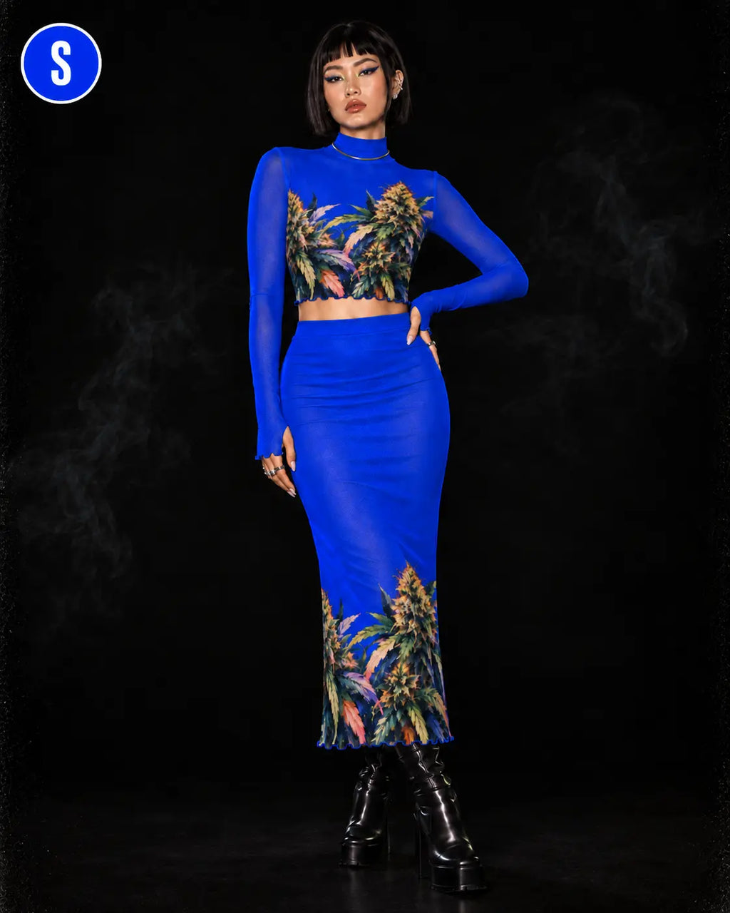 Blue Mazar Mesh Top & Skirt Set Yoycol