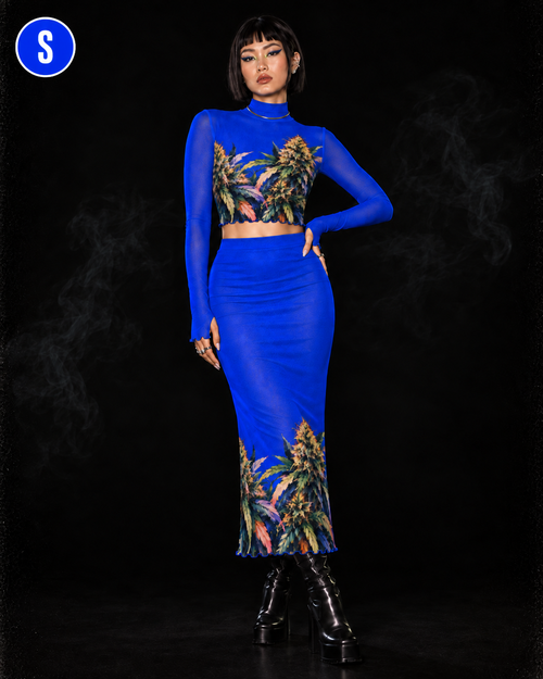 Blue Mazar Mesh Top & Skirt Set Yoycol