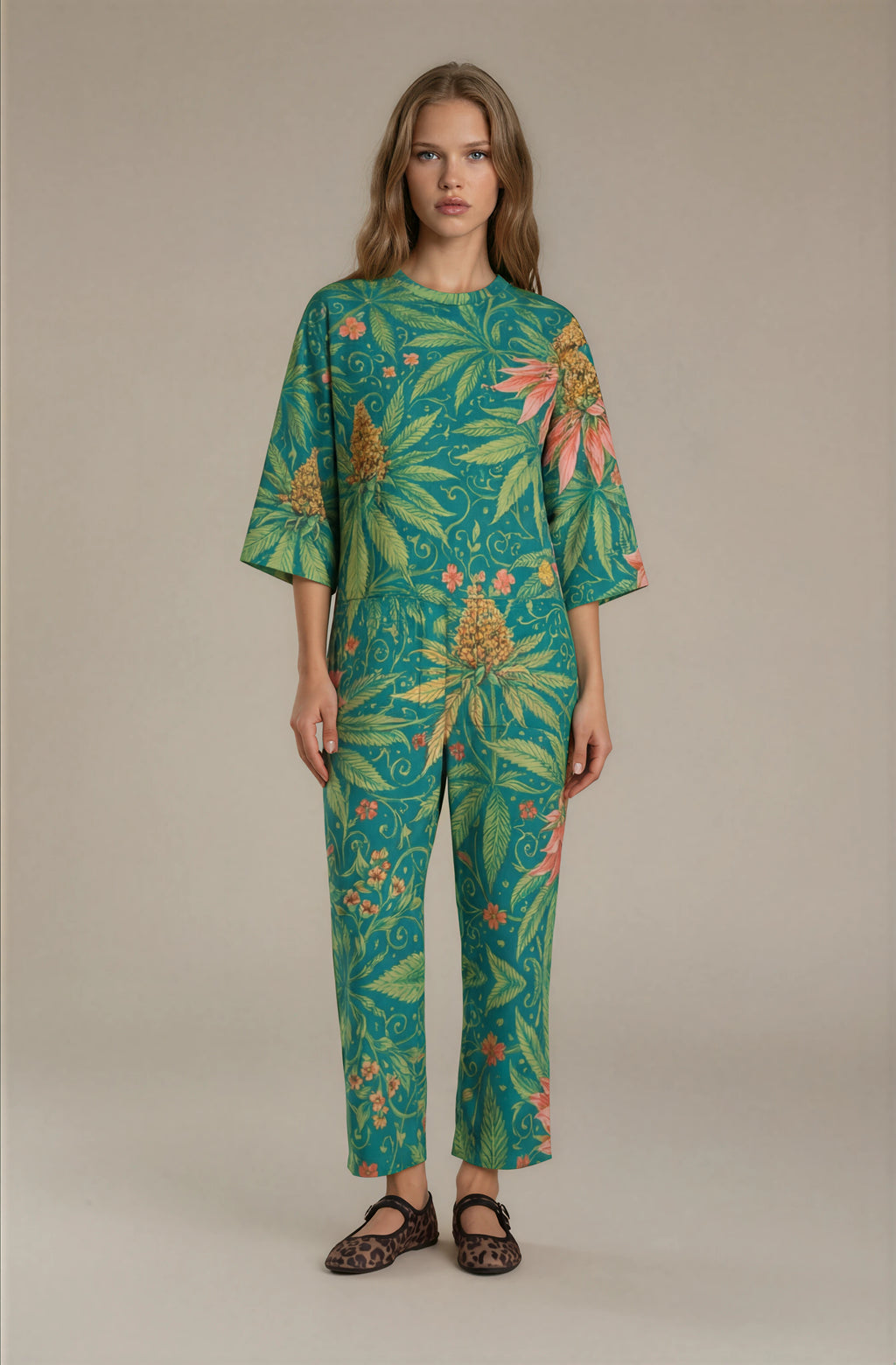 Jane Dope Kush 3/4 Sleeve Jumpsuit — cannabis leaf print three-quarter sleeve relaxed jumpsuit