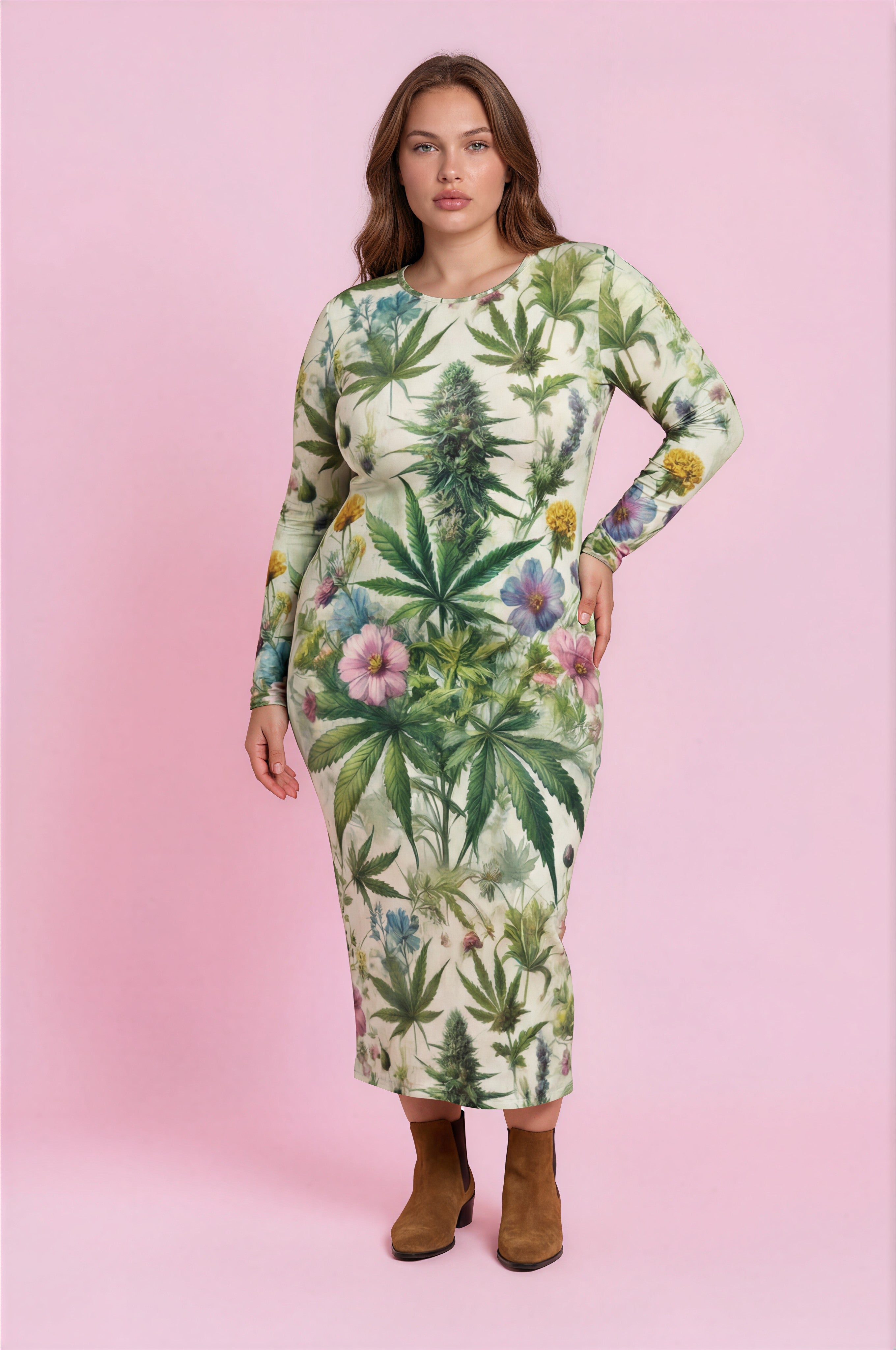 Jane Dope Herb Garden Long Sleeve Bodycon Dress — floral cannabis leaf print