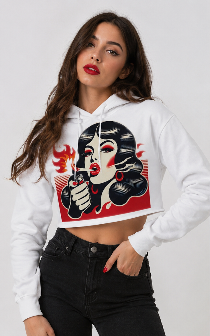 Woman wearing a white hoodie with a graphic design on the front and 'dope' text on the back, standing against a plain background.