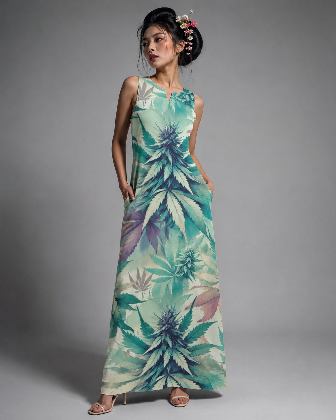 Jane Dope Cola Love graphic print long pocket dress, front view on model