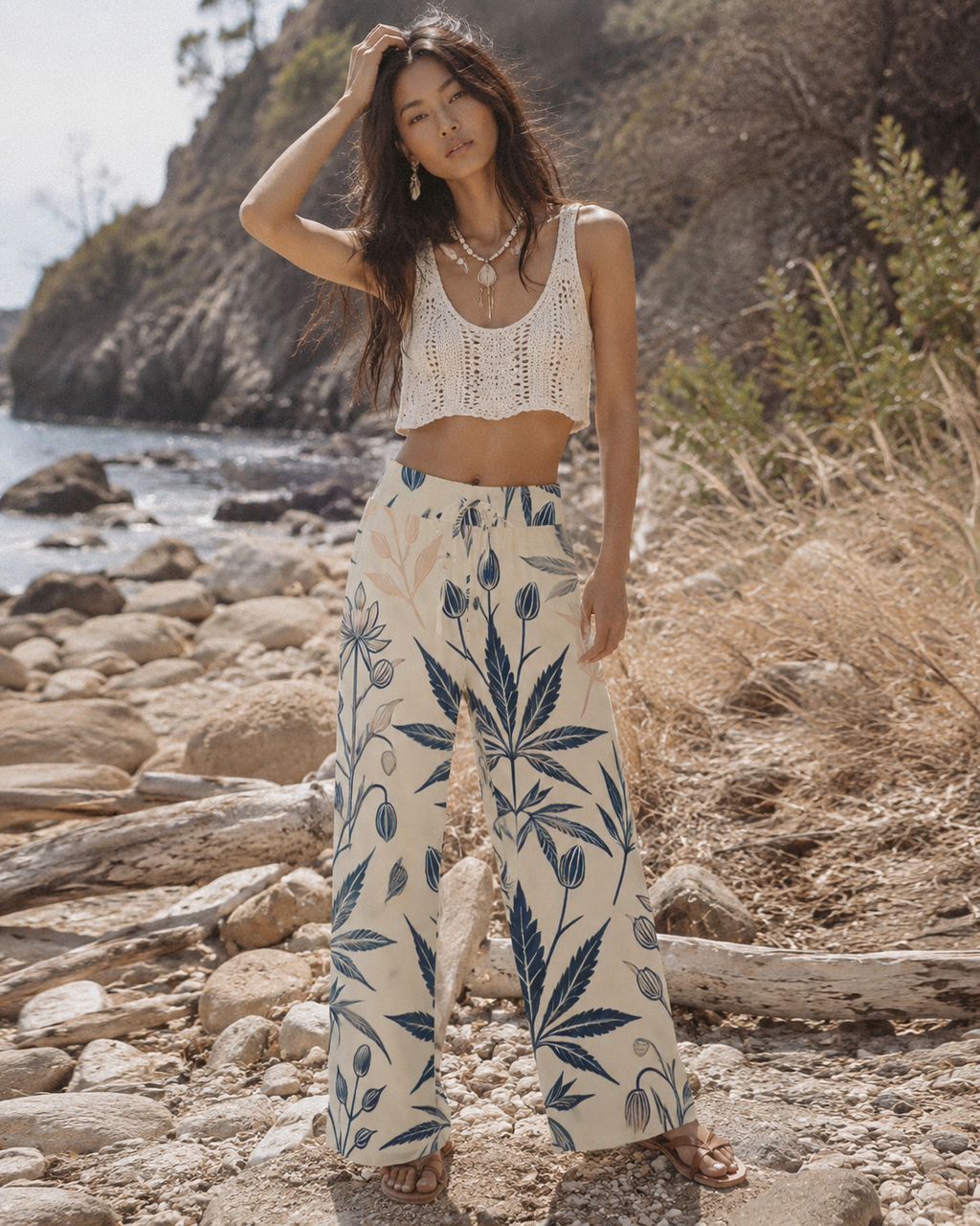 Jane Dope soft sativa leaf print wide leg lounge pants, front view on model