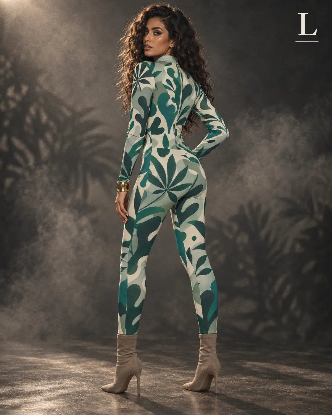 All-Over Print Women's Long-sleeved High-neck Jumpsuit With Zipper Yoycol