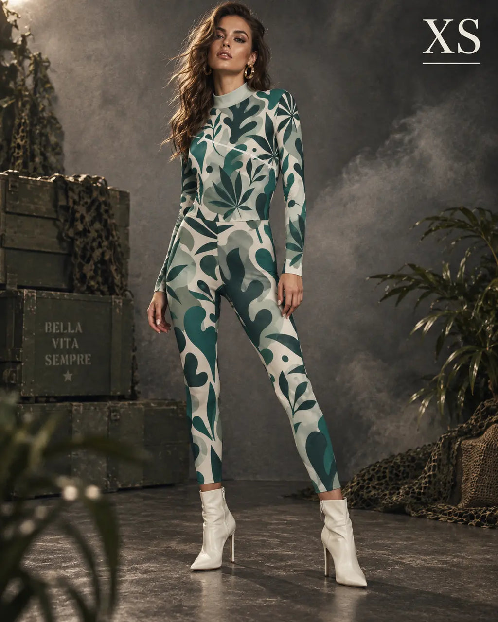 All-Over Print Women's Long-sleeved High-neck Jumpsuit With Zipper Yoycol
