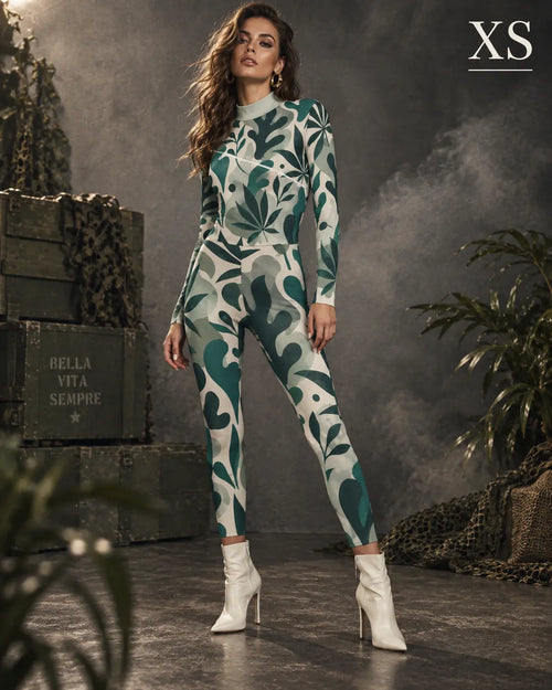 All-Over Print Women's Long-sleeved High-neck Jumpsuit With Zipper Yoycol