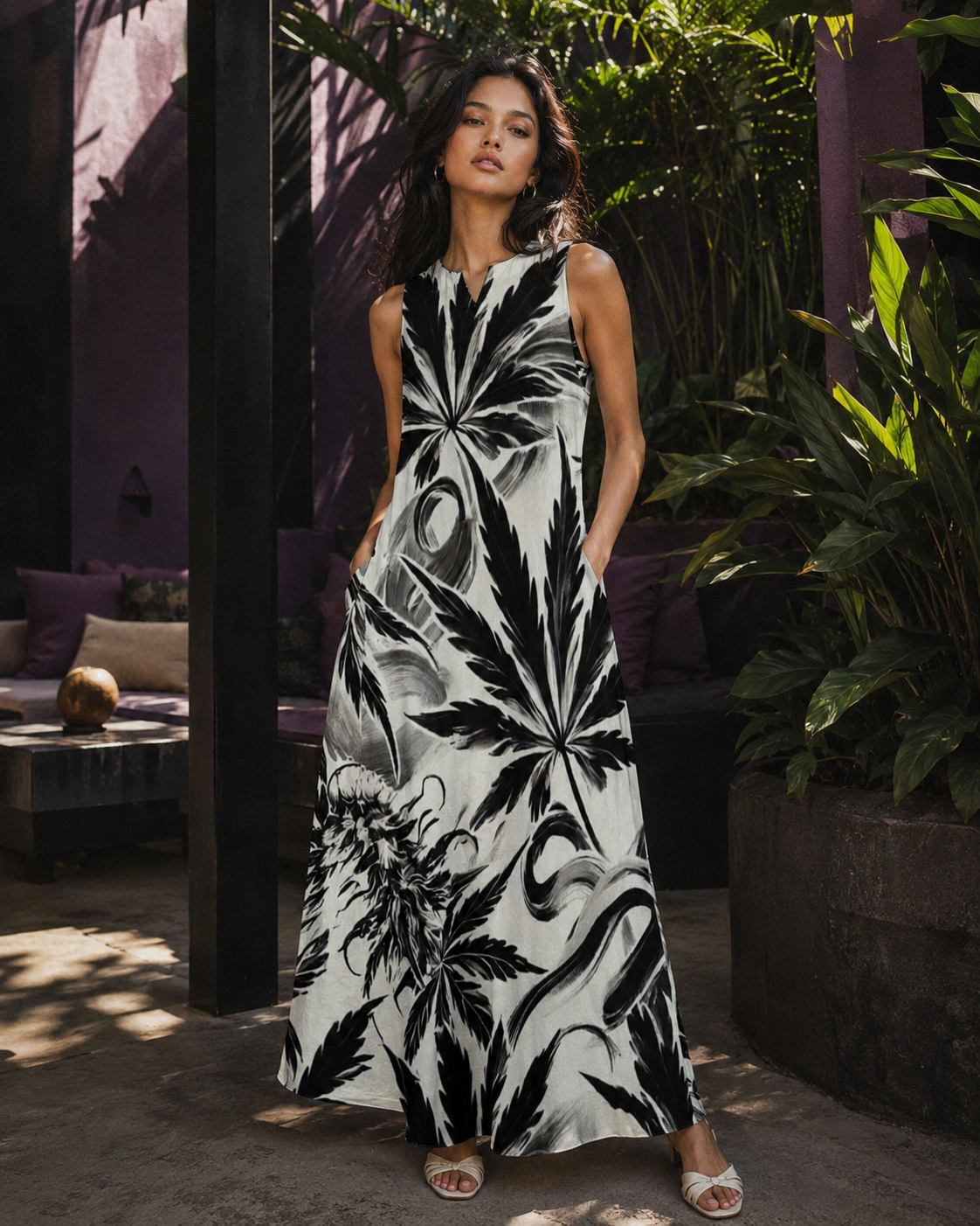 Jane Dope White Widow spider web print pocket long dress, front view on model