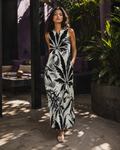 White Widow spider web print pocket long dress, back view on model