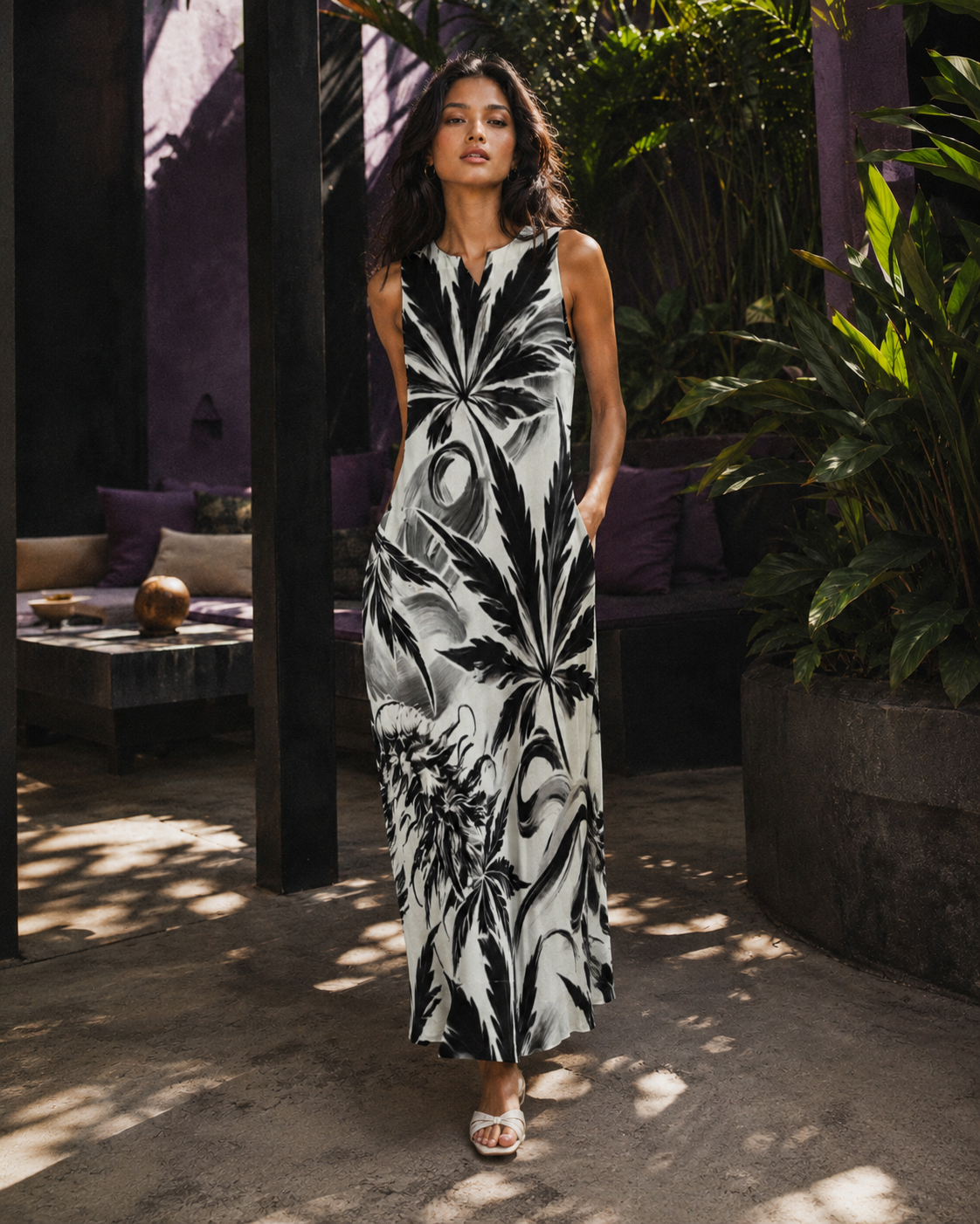 White Widow spider web print pocket long dress, back view on model