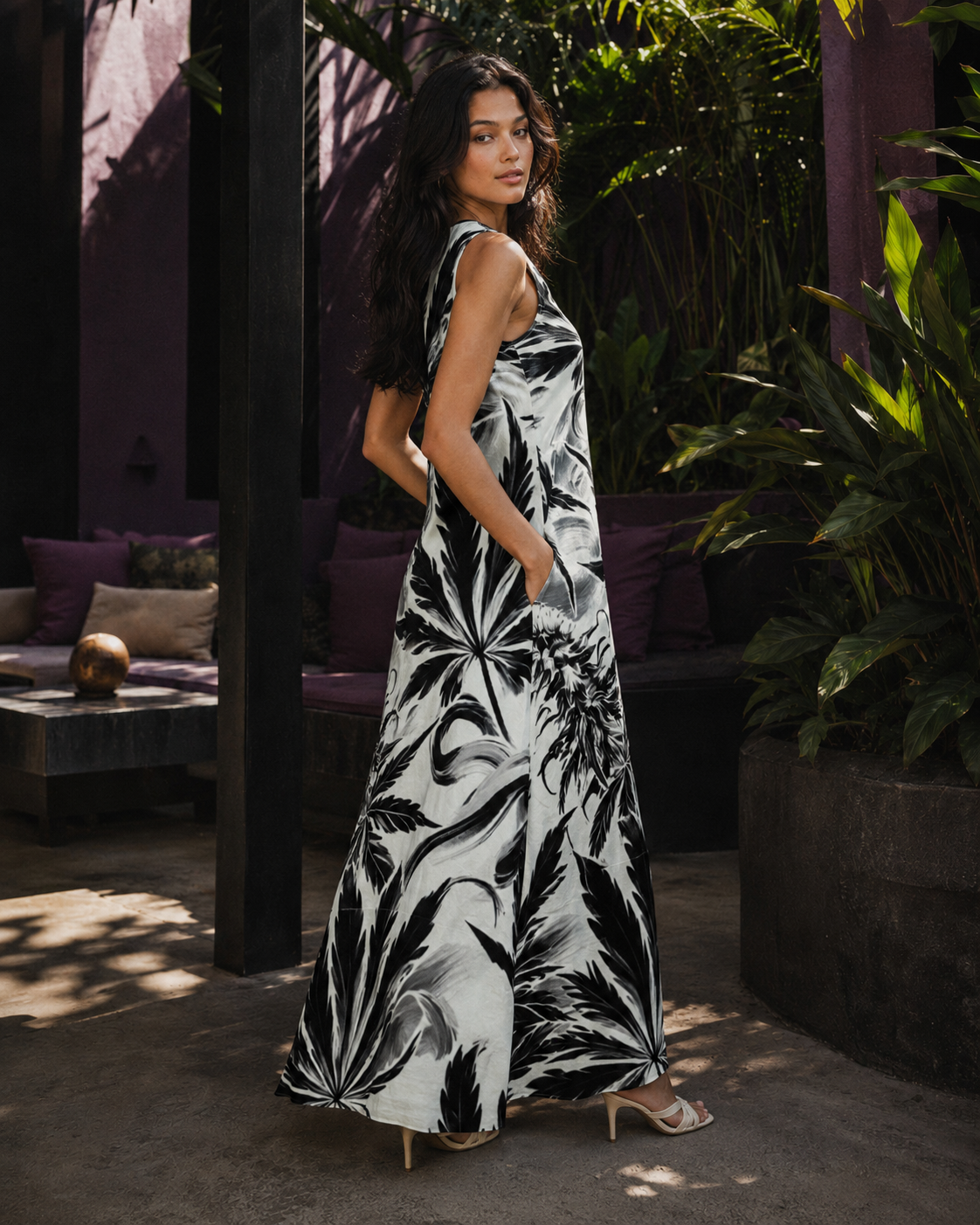 White Widow spider web print pocket long dress, side view on model