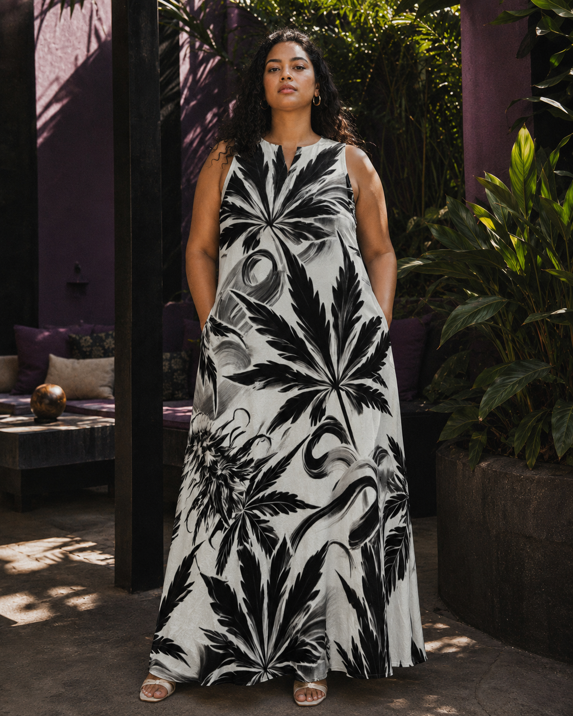 White Widow spider web print pocket long dress, three-quarter view on model