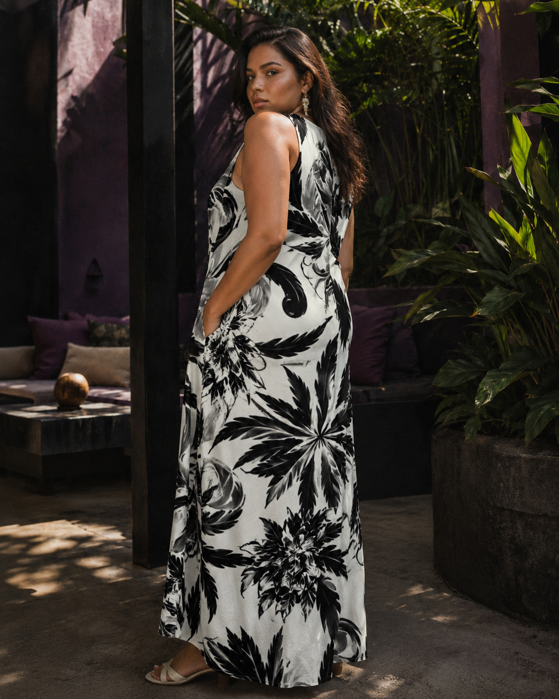 White Widow spider web print pocket long dress, lifestyle editorial shot on model