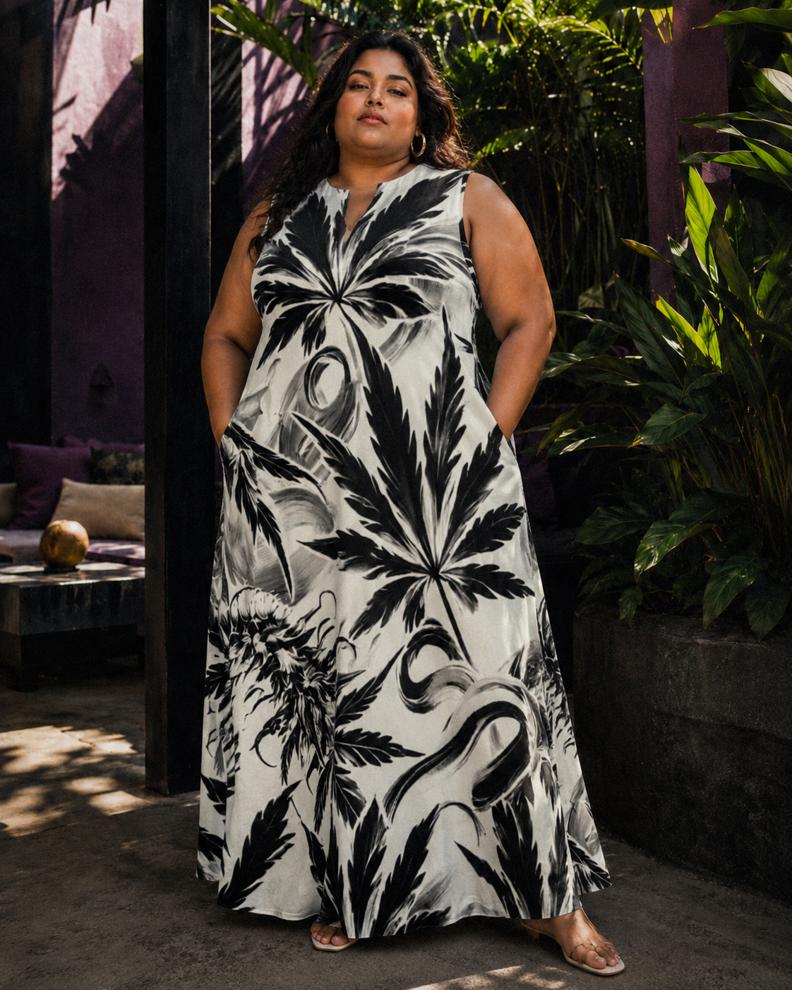 White Widow spider web print pocket long dress, full length view on model outdoors