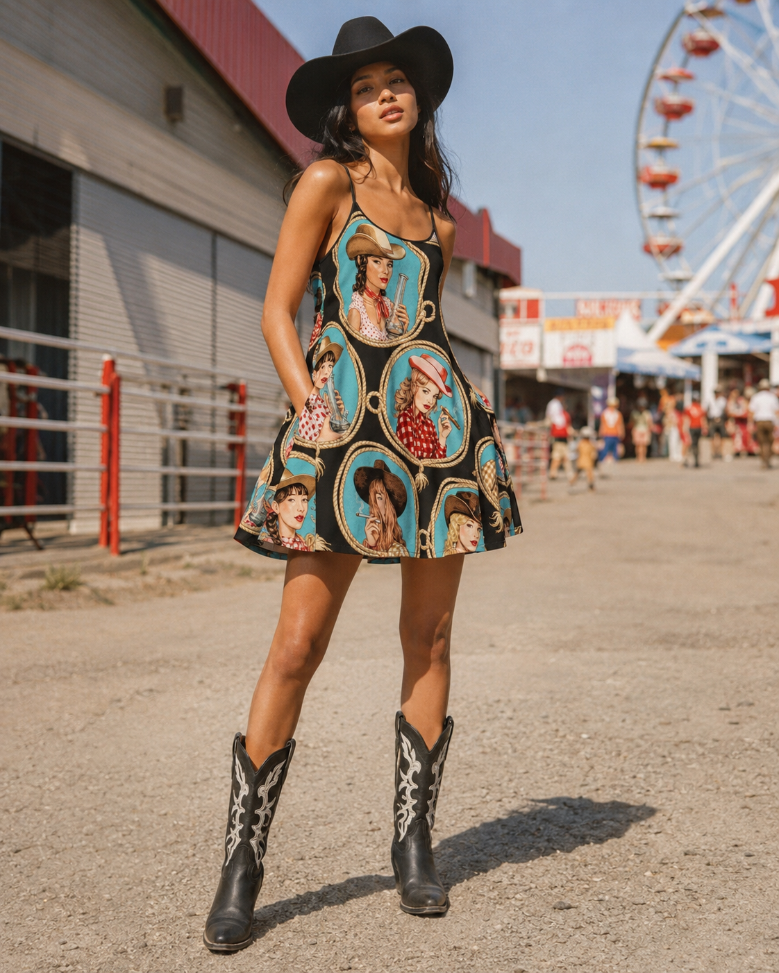 Stampede graphic print midi pocket dress, side view on model showing silhouette