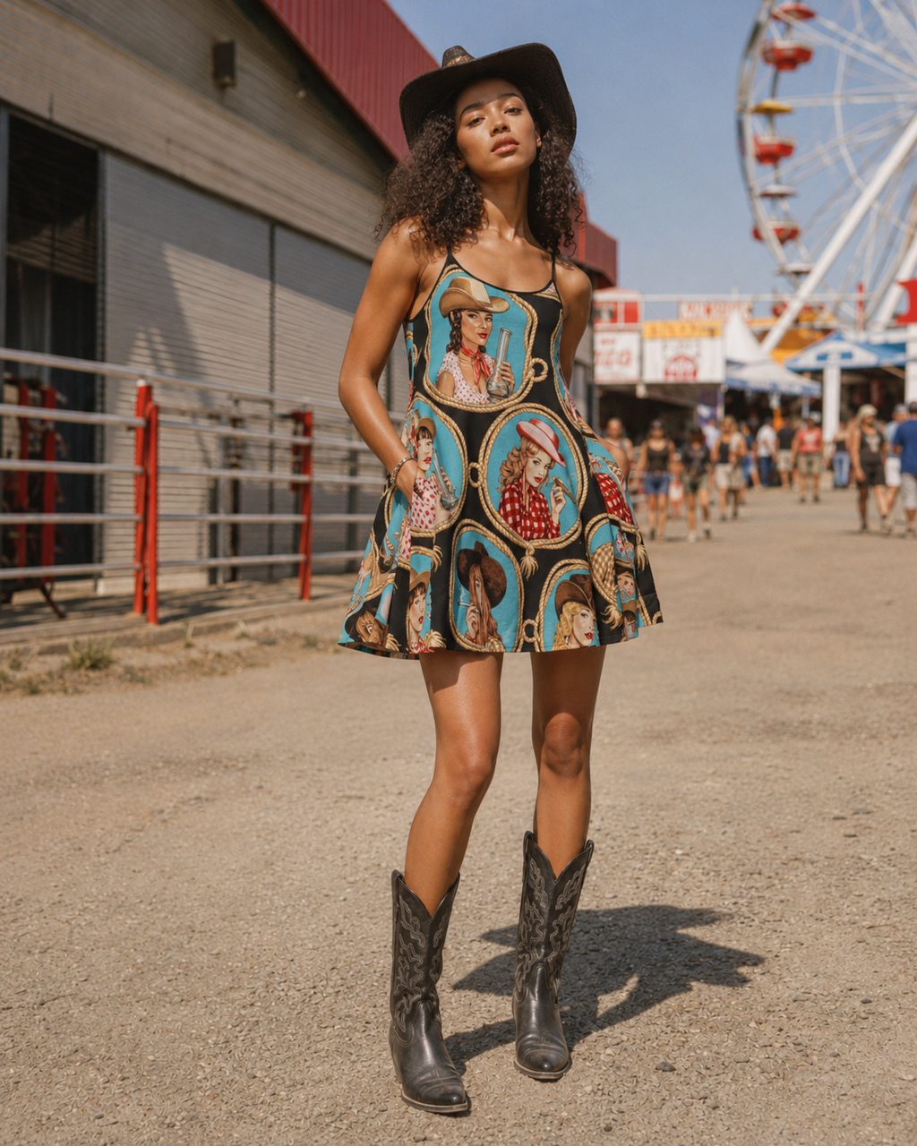 Stampede graphic print midi pocket dress, pocket detail close-up on model