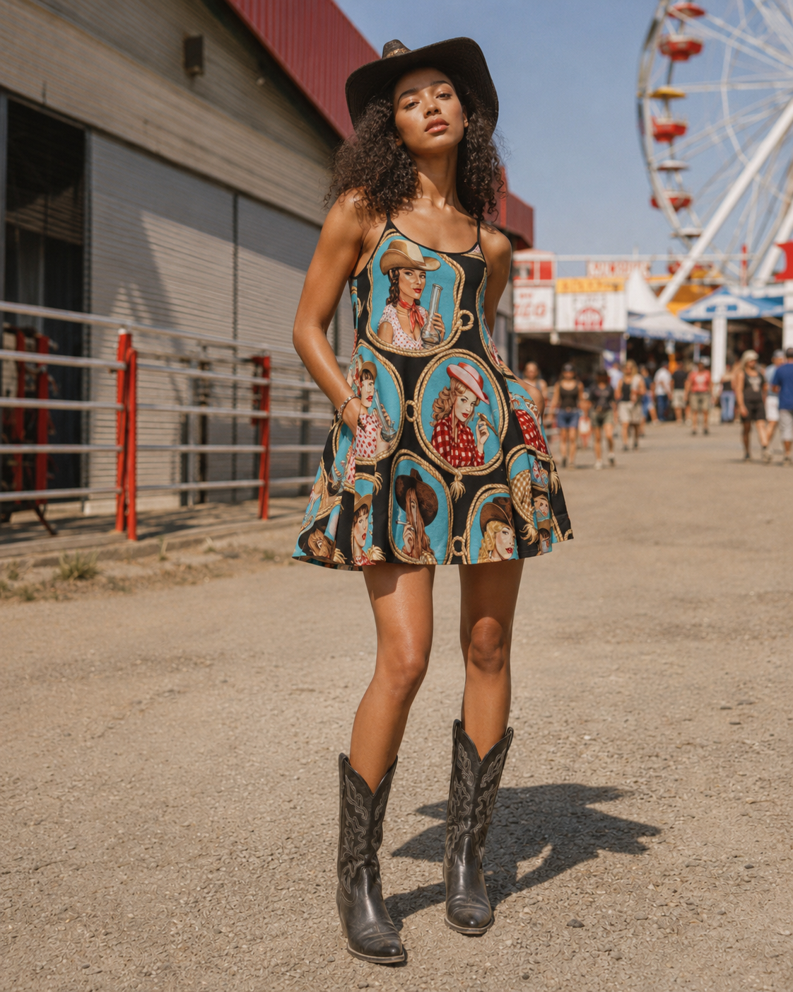 Stampede graphic print midi pocket dress, pocket detail close-up on model