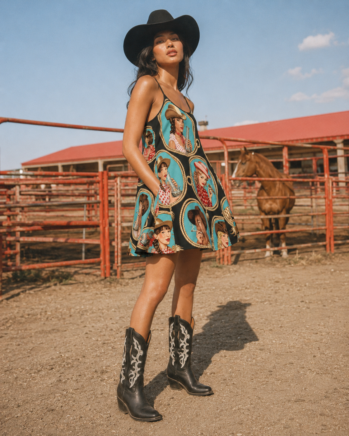 Stampede graphic print midi pocket dress, print detail close-up