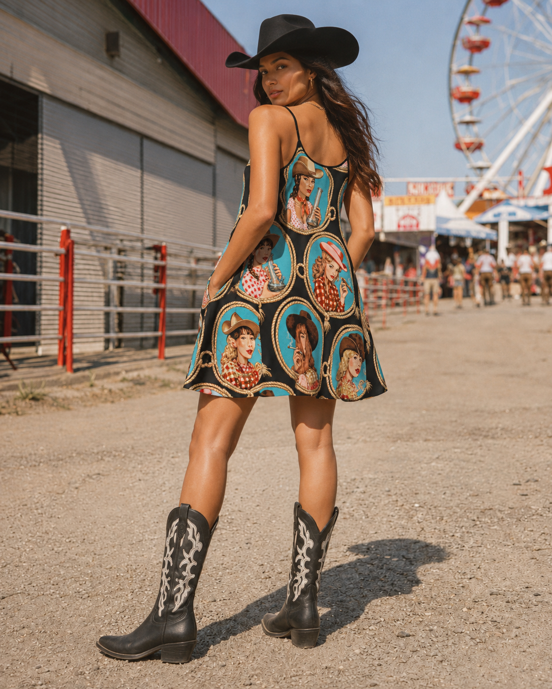 Stampede graphic print midi pocket dress, three-quarter view on model