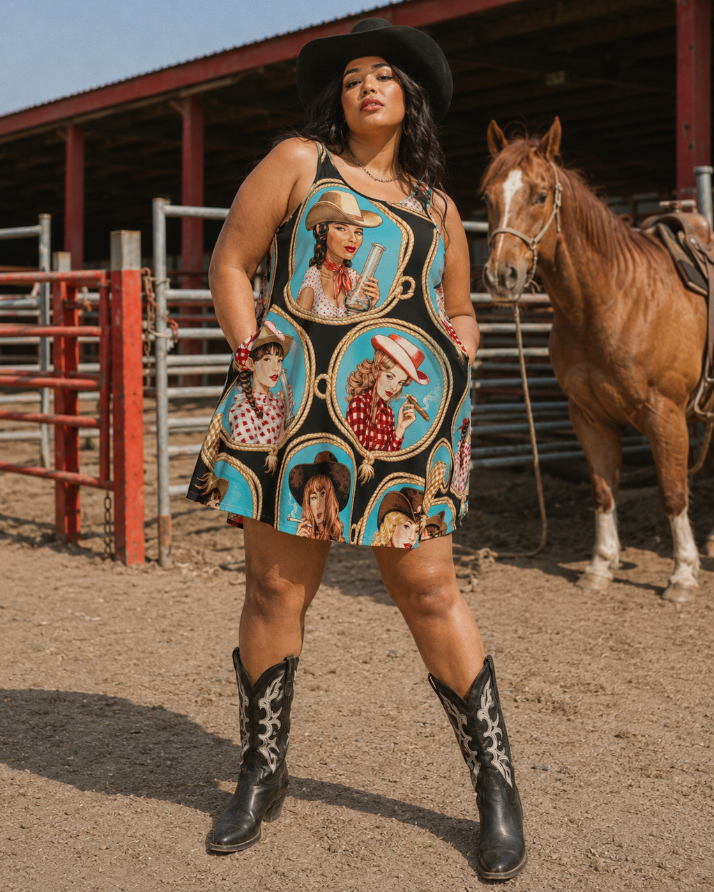 Jane Dope Stampede graphic print midi pocket dress, front view on model