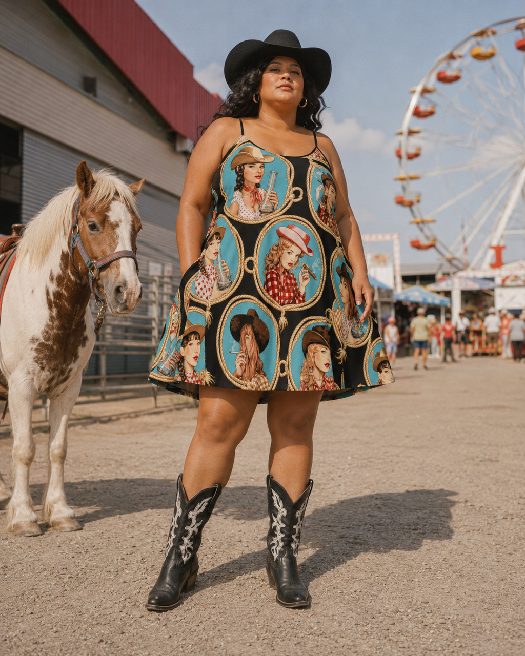 Stampede graphic print midi pocket dress, lifestyle editorial shot on model