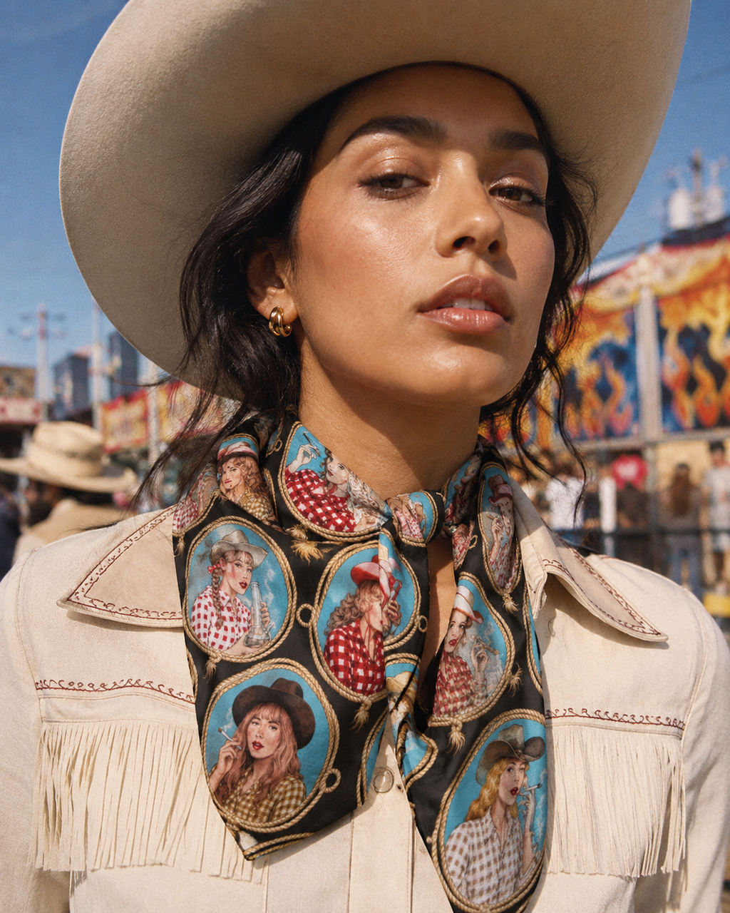 Stampede graphic print silky scarf, styled as headscarf on model