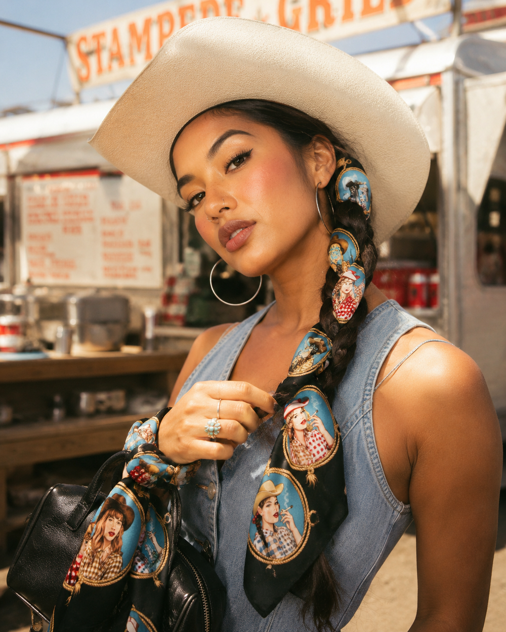 Stampede graphic print silky scarf, lifestyle editorial shot on model