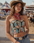 Jane Dope STAMPEDE graphic print strapless crop tube top, front view on model