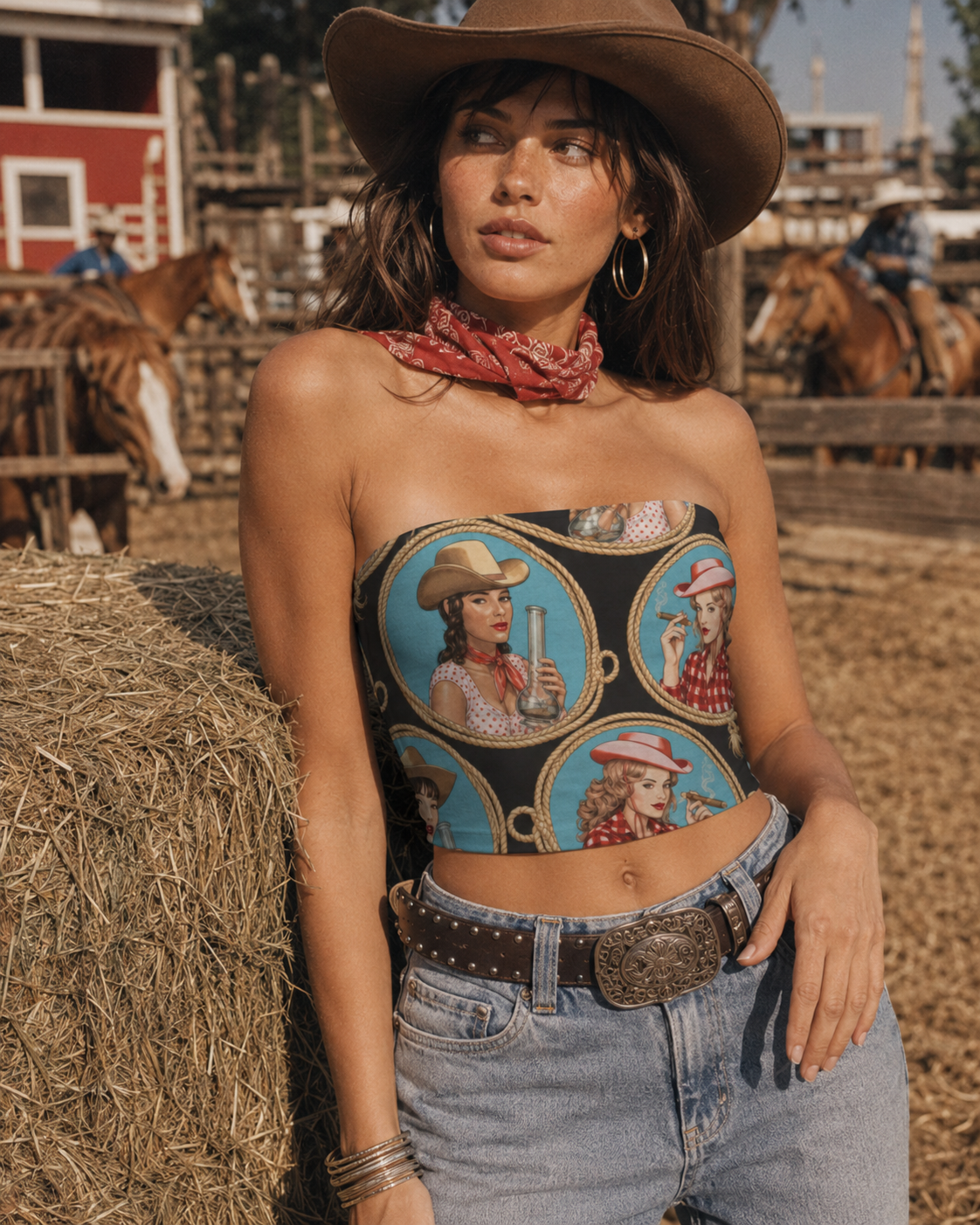 STAMPEDE graphic print crop tube top, three-quarter view on model
