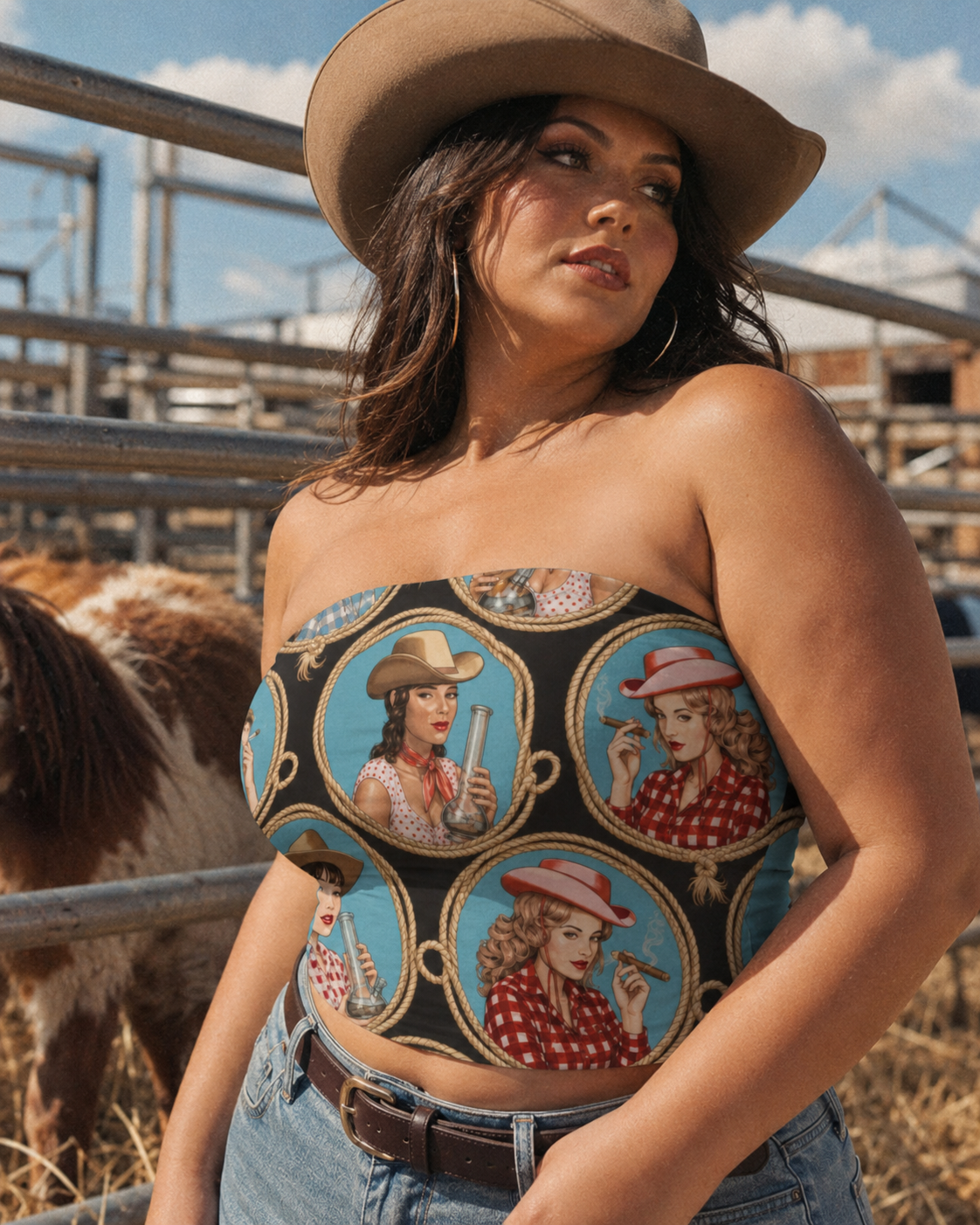 STAMPEDE graphic print crop tube top, lifestyle editorial shot