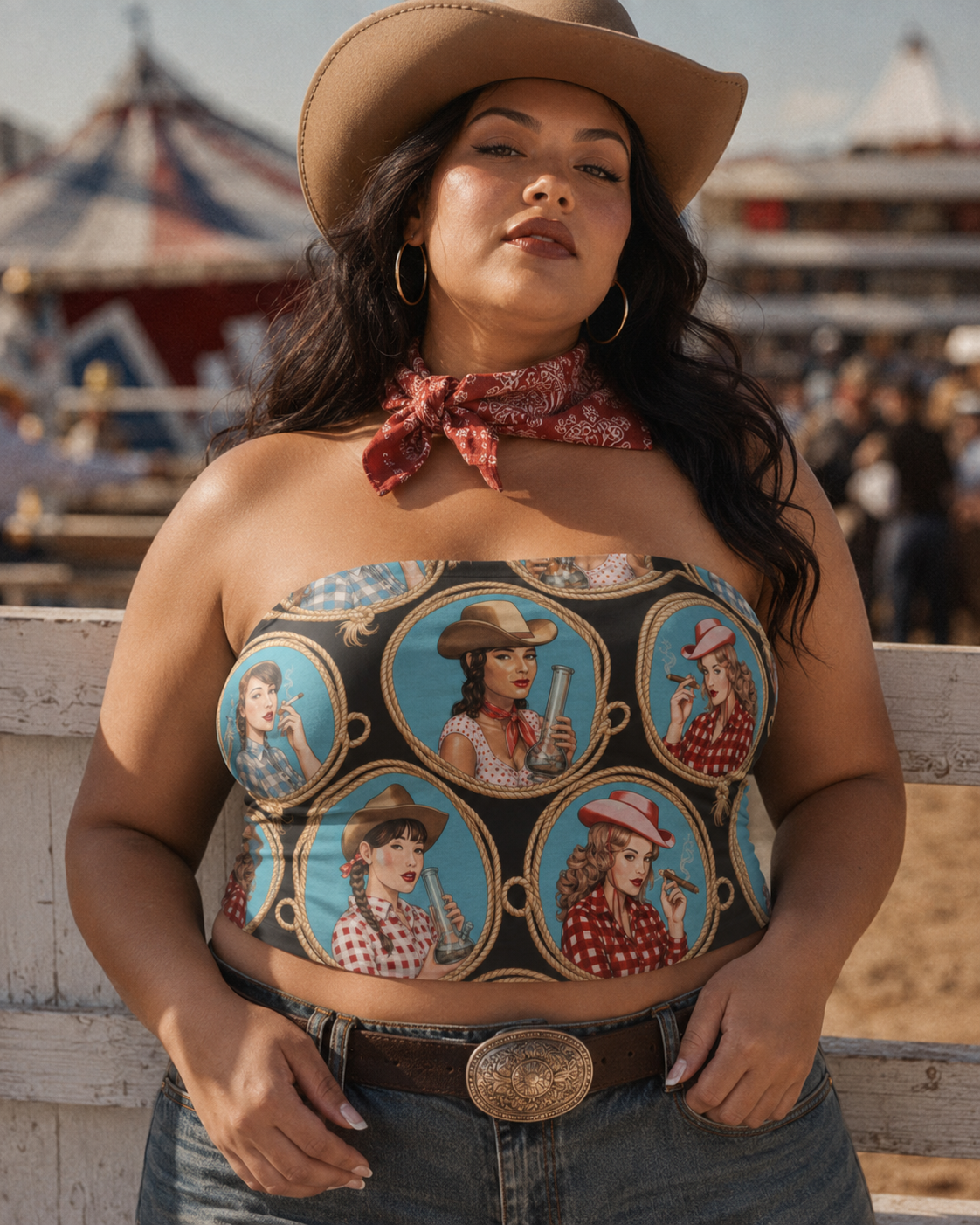 STAMPEDE graphic print crop tube top, full body shot on model
