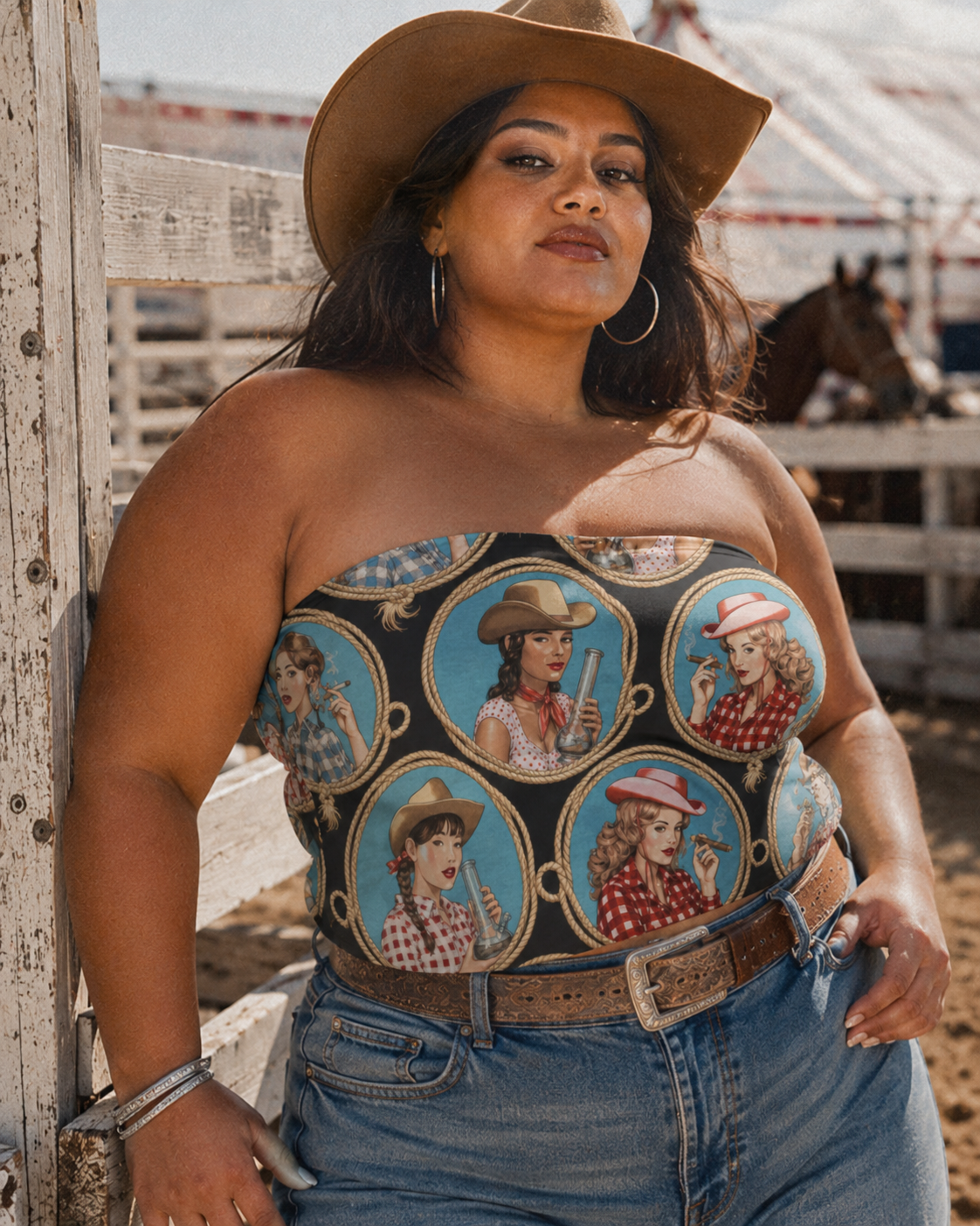 STAMPEDE graphic print crop tube top, outdoor lifestyle shot on model