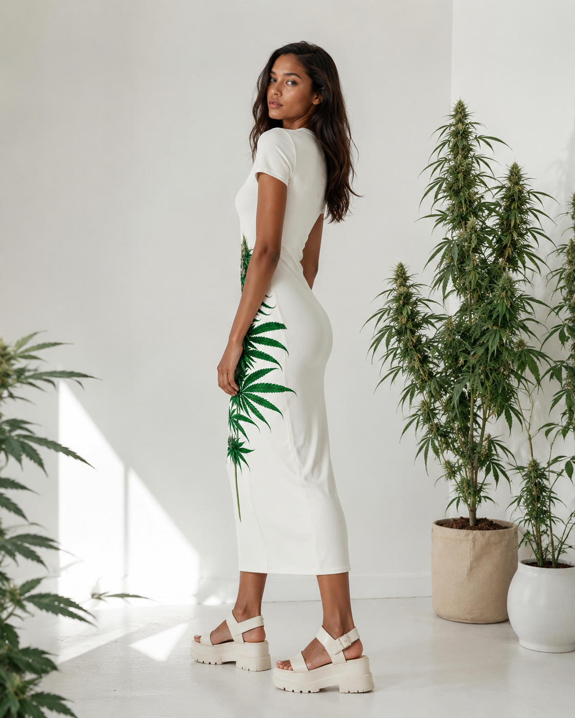 Floral print bodycon maxi dress, back view on model