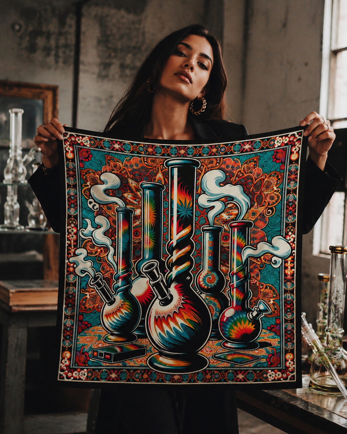 Bong graphic print silky scarf, draped on model