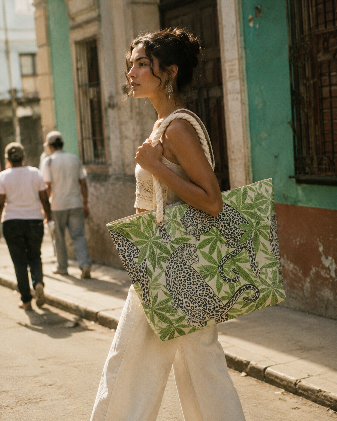 Leopard print canvas tote with hemp rope handles, lifestyle shot on shoulder