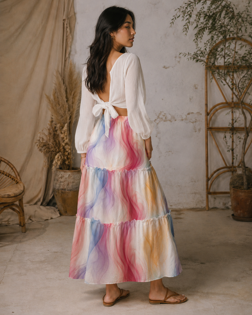Ethereal smoke print tiered maxi skirt, full length view on model outdoors
