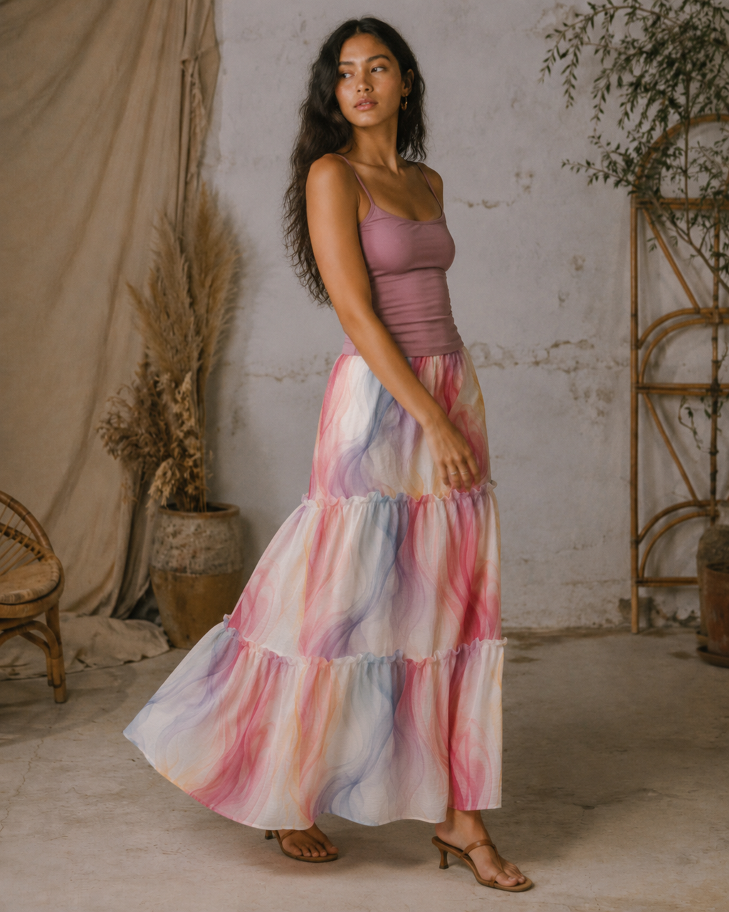 Ethereal smoke print tiered maxi skirt, lifestyle editorial shot on model