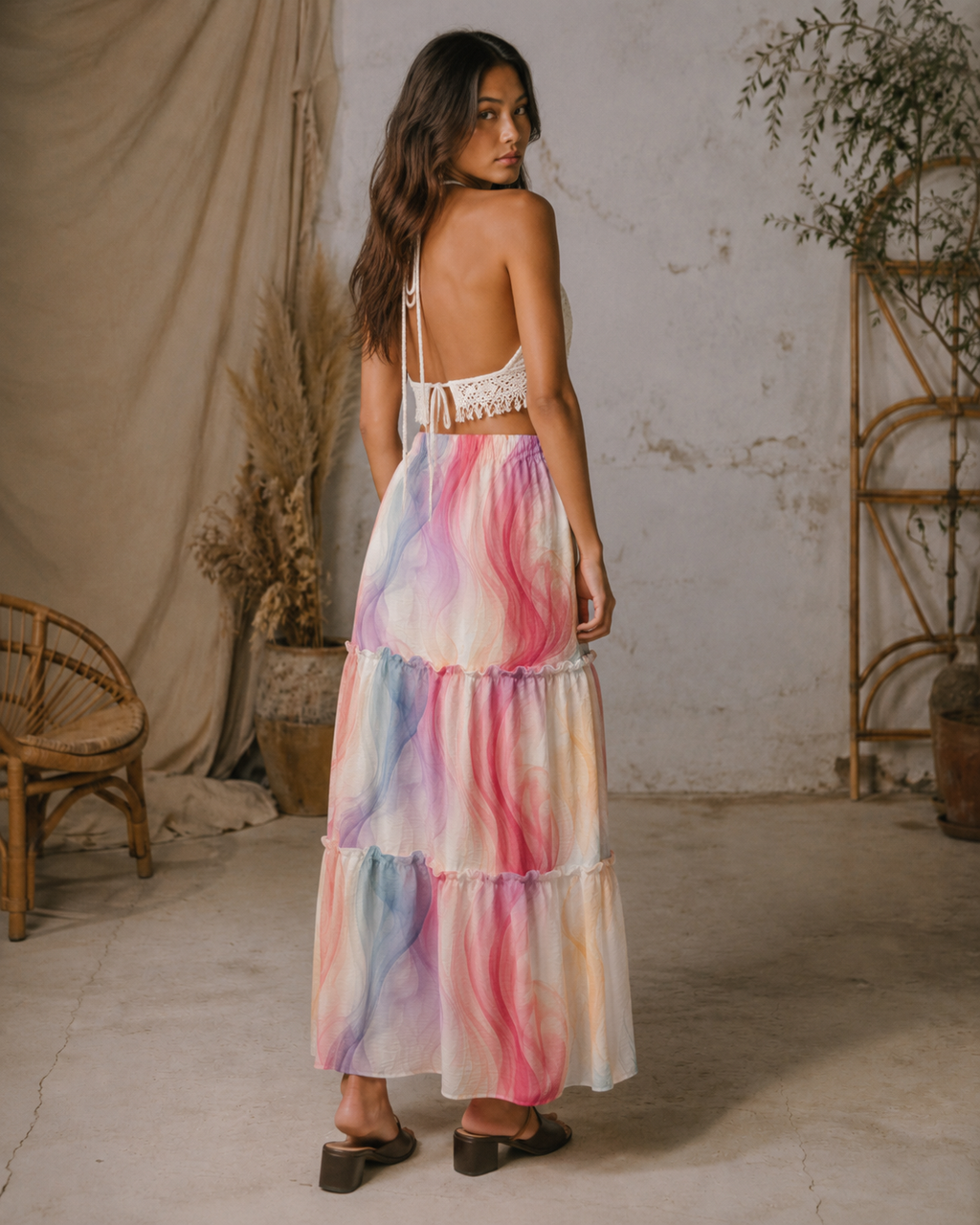 Ethereal smoke print tiered maxi skirt, styled with crop top on model