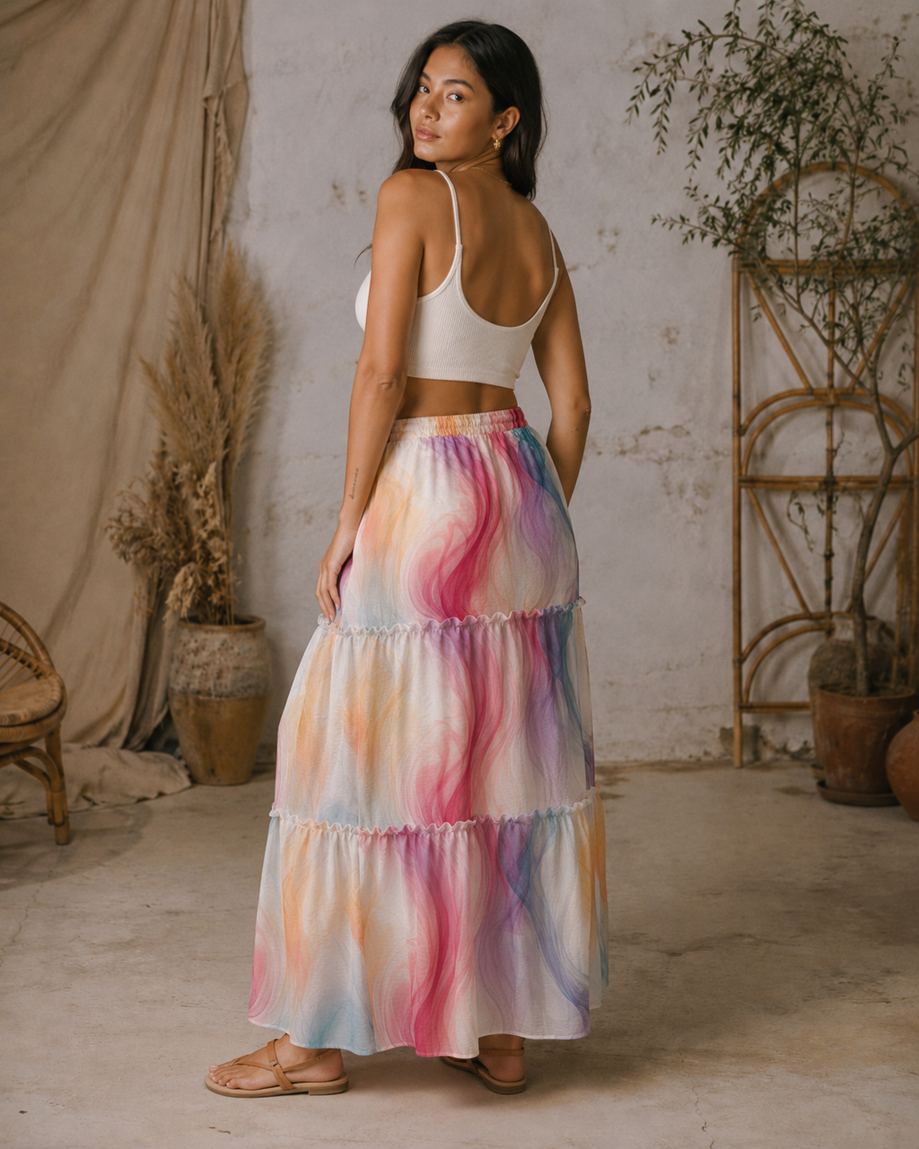 Ethereal smoke print tiered maxi skirt, close-up showing fabric texture