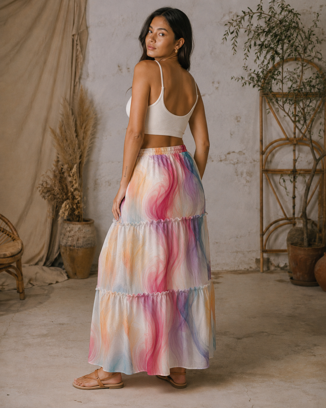 Ethereal smoke print tiered maxi skirt, close-up showing fabric texture