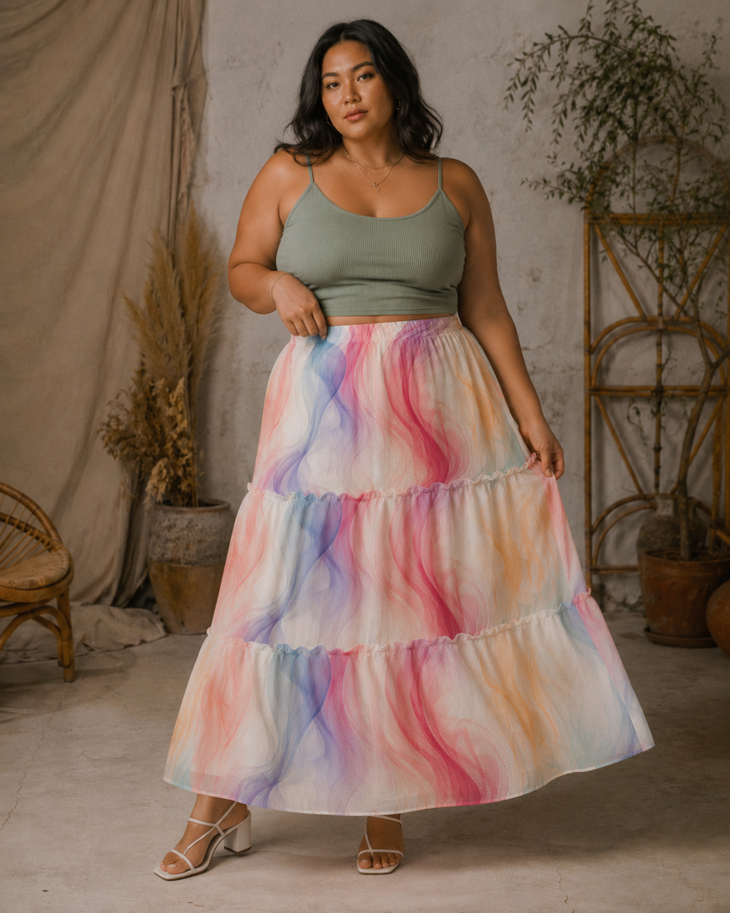 Ethereal smoke print tiered maxi skirt, seated lifestyle shot on model