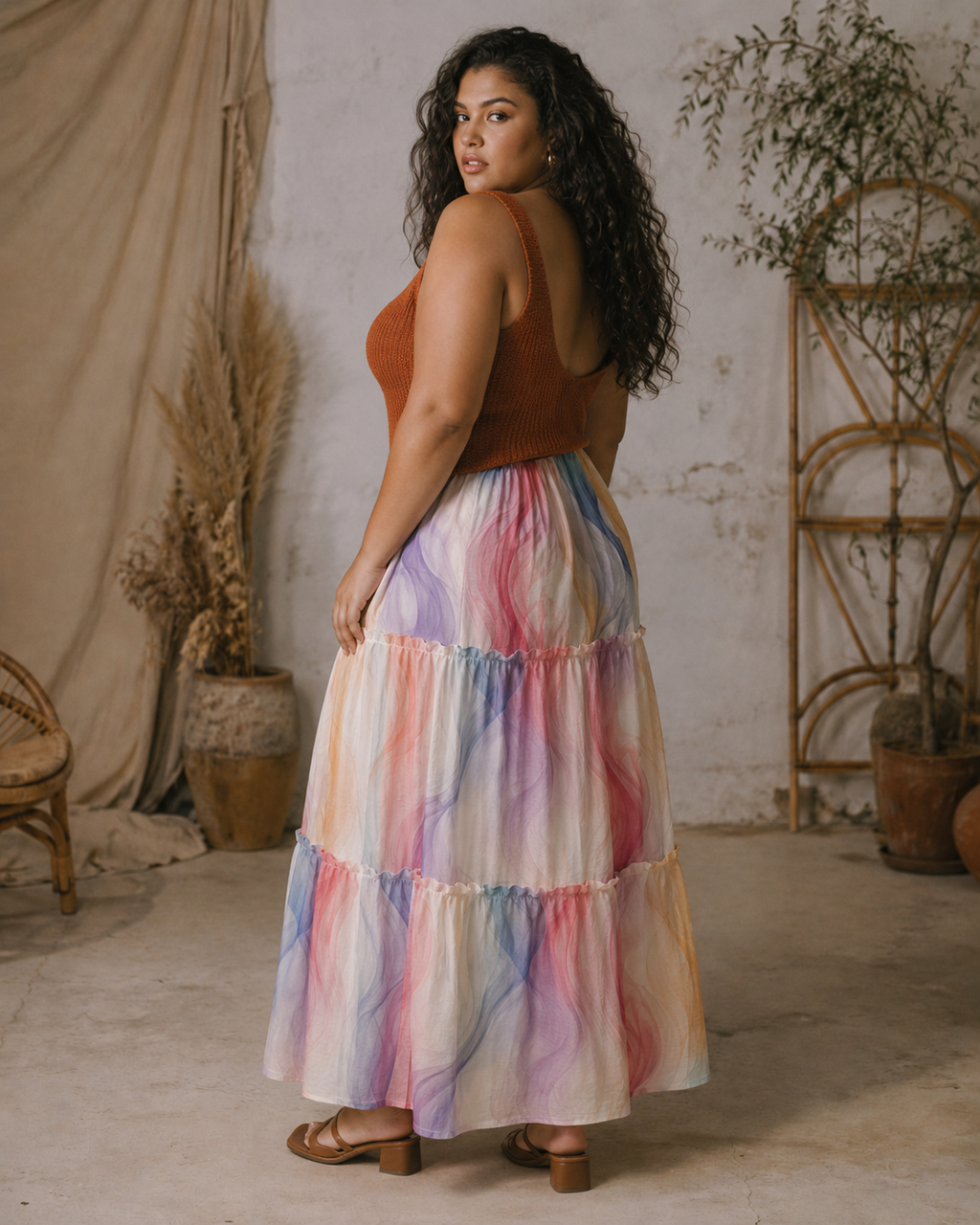 Ethereal smoke print tiered maxi skirt, waistband detail close-up