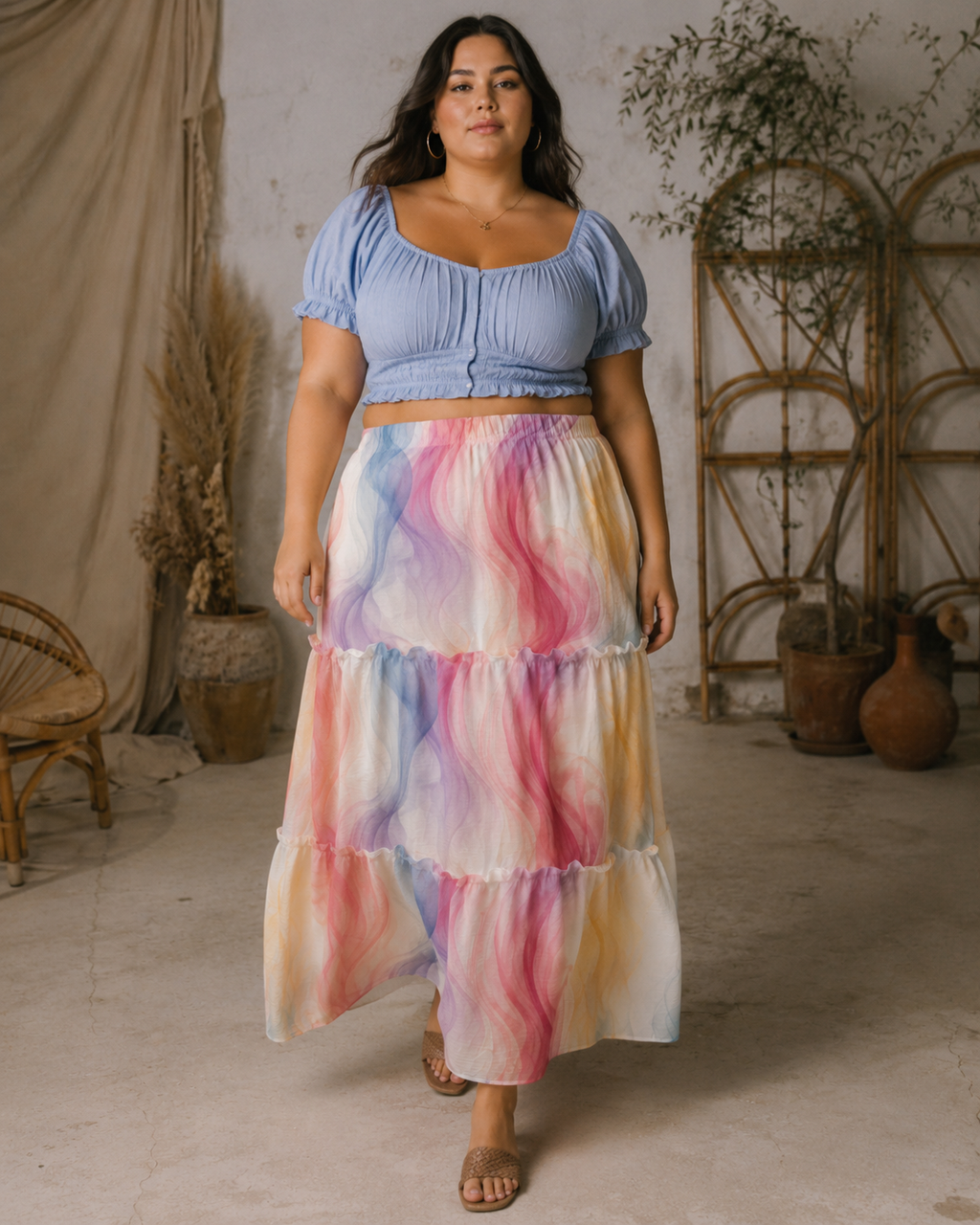 Ethereal smoke print tiered maxi skirt, flowing in motion outdoors