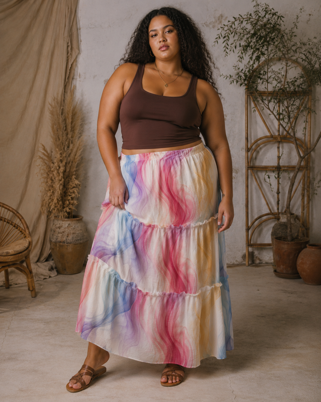 Ethereal smoke print tiered maxi skirt, paired with sandals, full length view