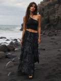 Ethereal smoke print tiered maxi skirt, side view showing tier flow
